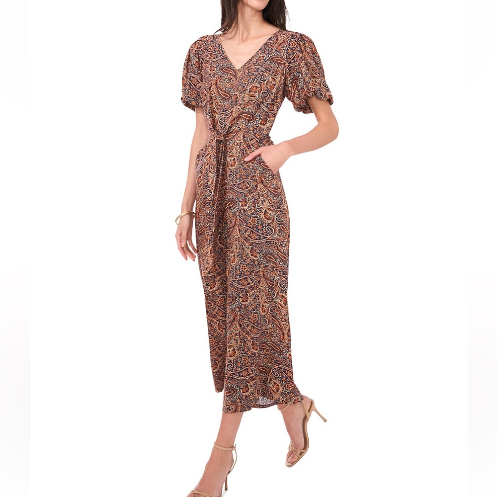 VINCE CAMUTO - Print Puff Sleeve Tie Waist Jumpsuit